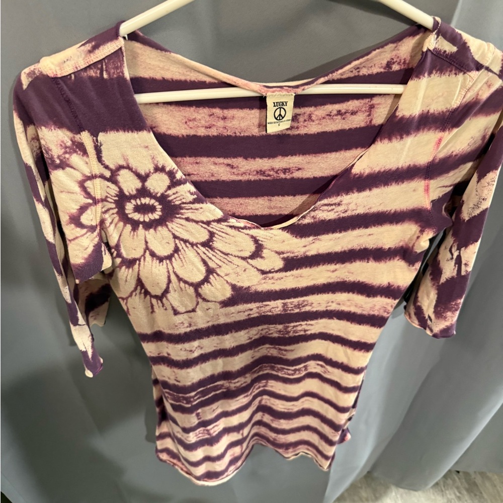 Lucky Brand Purple and Cream Floral Striped Tunic
